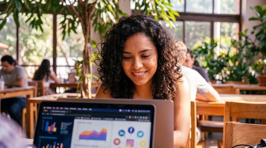 Emprendedora ecuatoriana tomando un curso gratis de marketing digital en su laptop, con tonos cálidos institucionales de Fundación LOGOS