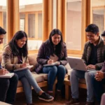 Jóvenes ecuatorianos participando en un taller de capacitación gratuita, con tonos cálidos naranja y púrpura de Fundación LOGOS