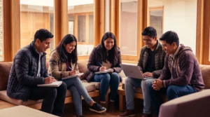 Jóvenes ecuatorianos participando en un taller de capacitación gratuita, con tonos cálidos naranja y púrpura de Fundación LOGOS
