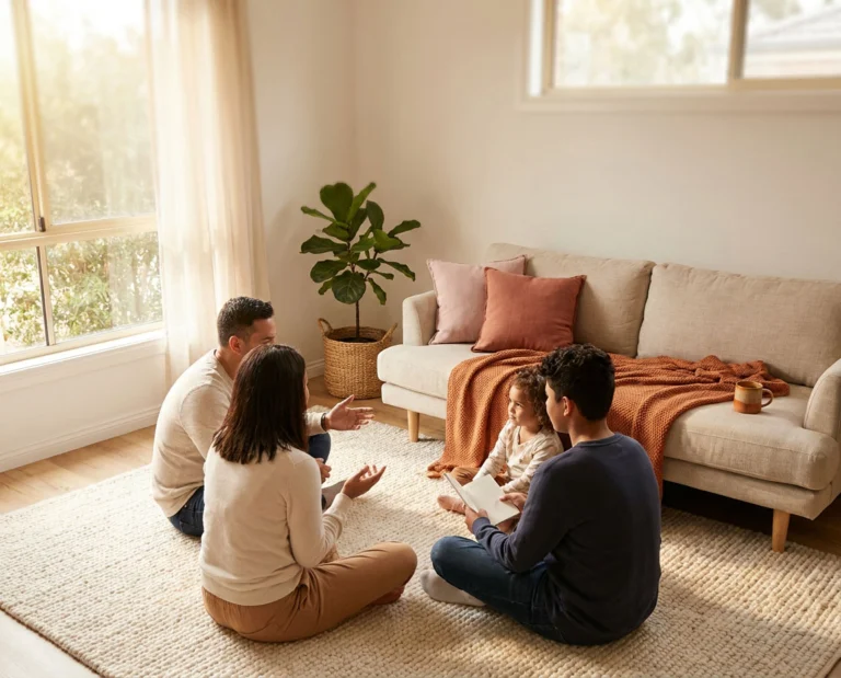 Familia reunida en un ambiente cálido y cercano durante una sesión de coaching familiar de Fundación Logos, fortaleciendo la comunicación y los vínculos entre sus integrantes