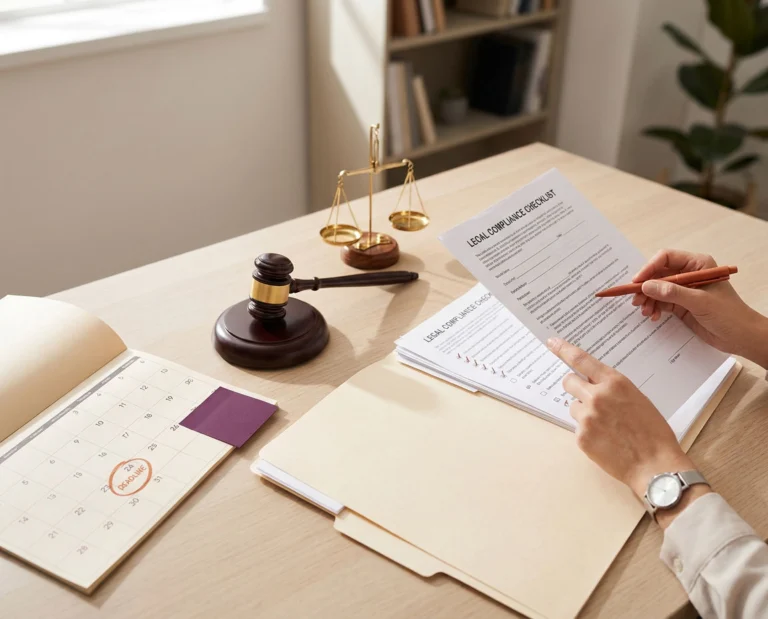 Documentos legales y balanza de la justicia sobre un escritorio, representando la asesoría de Fundación Logos para el cumplimiento de la Ley Orgánica de Transparencia Social en Ecuador